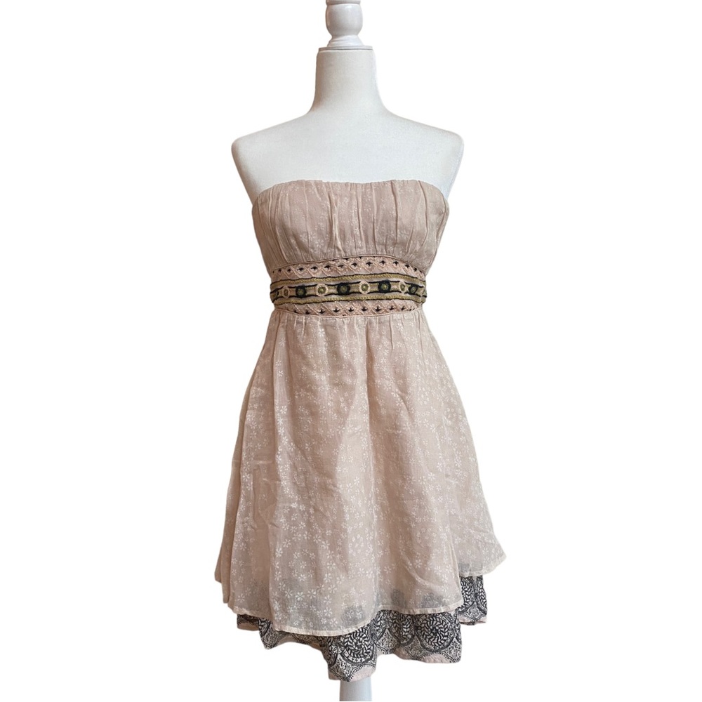 Free People Strapless Smocked Cotton Fit Flare Floral 6 Embroidered Mini Dress